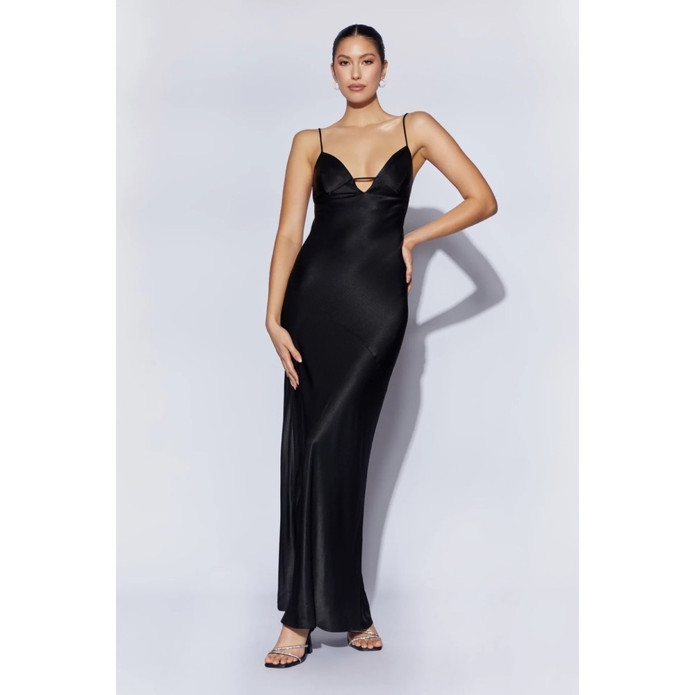 Meshki Slip Dress Cora Black Tie Back Slinky Cocktail Gown Long Bias Cut Size L - Picture 1 of 12